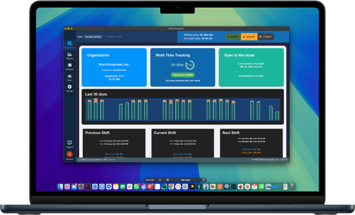 WorkComposer desktop application showing manual time tracking mode interface