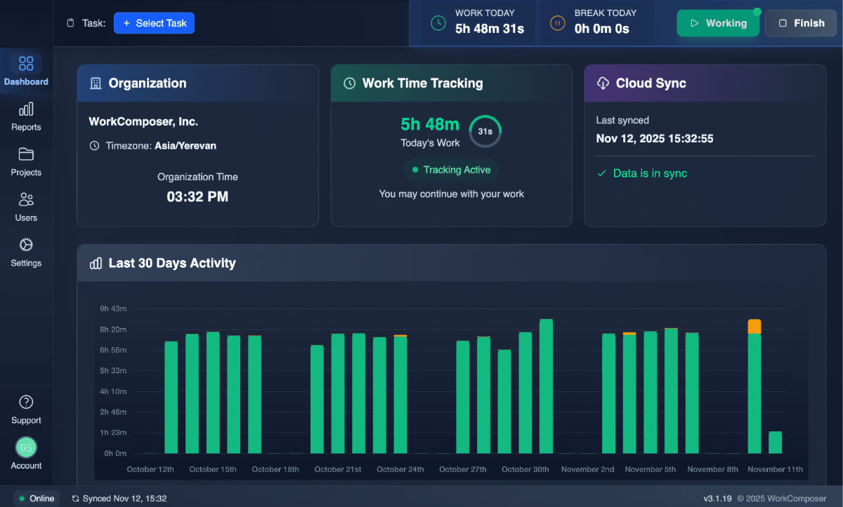 WorkComposer desktop application showing time tracking interface